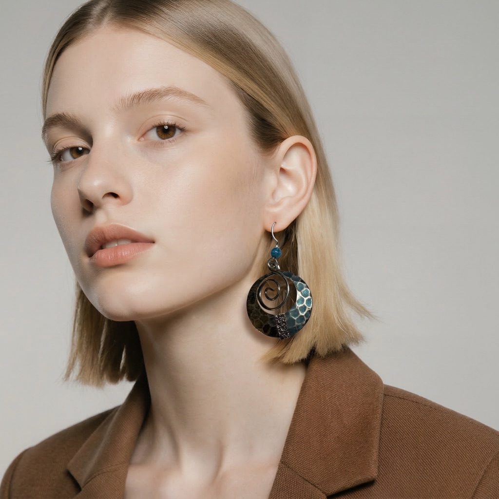 Silver Forest Textured Blue Drop Earrings With Swirl Accent